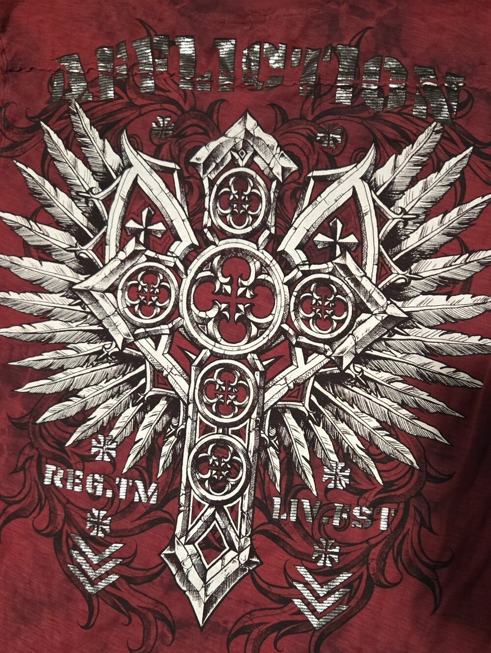 Affliction Red Short-Sleeve Tee with White Gothic Cross Graphic
